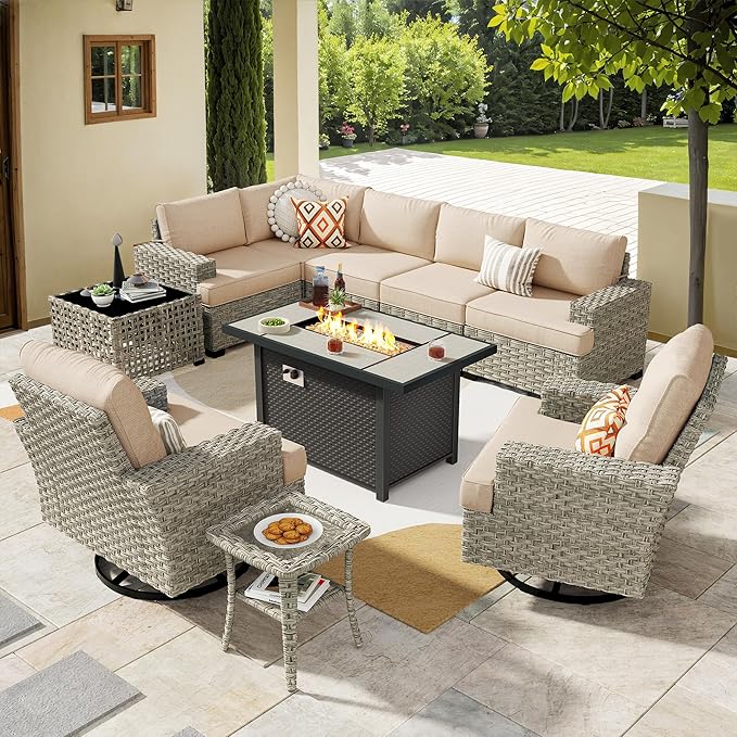 HOOOWOOO Outdoor Sectional Patio Furniture Set with Fire Pit Table,10 Pieces Wicker Conversation Sets L Shaped Couch,Extra Deep Out Door Sofa Outside Furniture with Swivel Chairs,Beige