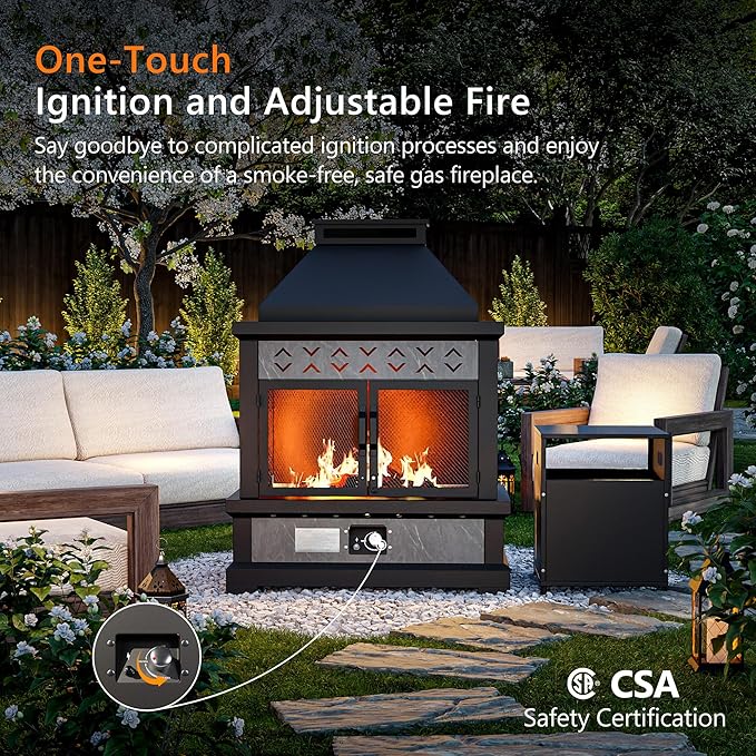 Outdoor Propane Fireplace w Tank Table, 50,000 BTU Gas Fire Pit with Ceramic Logs, Rain Cover, 35 Inch Steel Metal Smokeless Fireplace for Patio, Deck, CSA Certified (35 x 47 Inch)