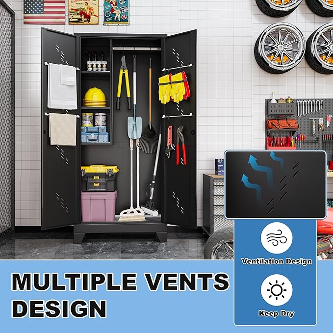 75" Outdoor Storage Cabinet – Heavy-Duty Lockable Metal Shed with Ventilated Doors, Perforated Stainless-Steel Bottom, Hanging Rod & Hooks, Easy Assembly