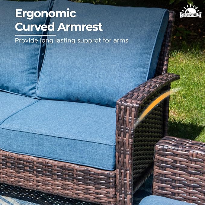 6 Pieces Patio Furniture Set with Swivel Chairs, High Back Wicker Rattan Sofa with Extra Thick Cushion and Coffee Table, Outdoor Conversation Set for Garden Backyard Deck, Blue