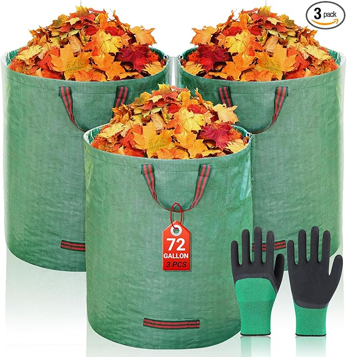 72 Gallon Yard Waste Bags, Reusable Heavy Duty Collapsible Garden Leaf Bags with Plastic Ring, Garden Waste Container for Clean Up Outdoor Debris Leaves Grass Clippings (Green, 3 Pack)