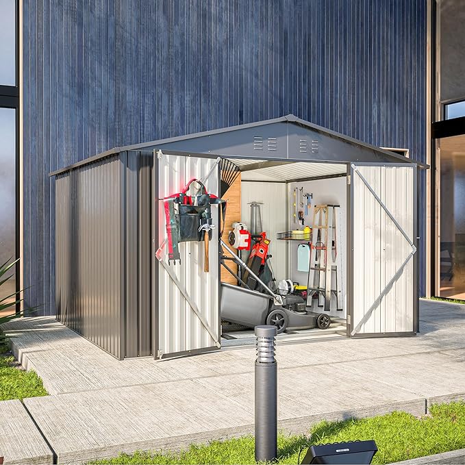 10X8 FT Outdoor Storage Shed, All Weather Metal Sheds with Lockable Doors, Tool Shed for Garden, Patio, Backyard, Lawn (Black with Floor Frame, 10x8ft)