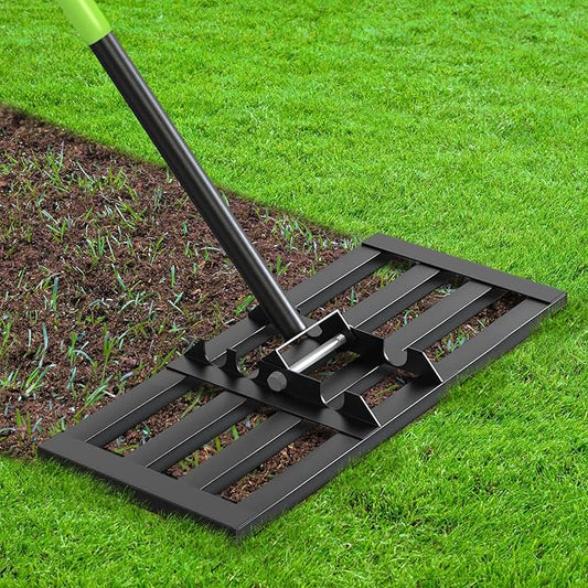 Seeutek Lawn Leveling Rake, 17” x 10” Lawn Leveler with 6.5FT Durable Handle Rakes for Lawns, 0-180° Adjustable Ground Leveler Tool for Yard, Level Soil Sand Dirt Surfaces