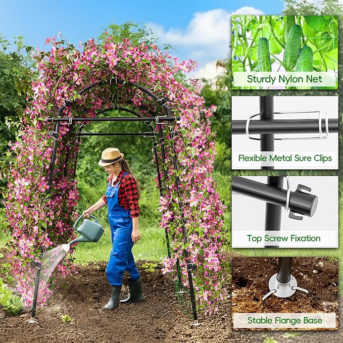 Garden Arch Trellis 88.58" Extra Tall for Climbing Plants Outdoor, Steel Stainless Arched Arbors Tunnel Trellis with Netting, Metal Cable Ties for Cucumber Tomato Pea Vines Fruit