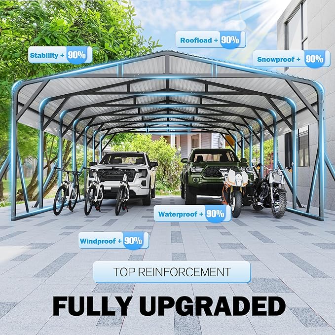 Carport Canopy 20’X30’ Heavy Duty Car Port Galvanized Steel Roof, Reinforced Stable Triangle Frame for Snowy Windy Metal Carports Enhanced Base Car Tent for Car,RV,Pickup,Boat,Truck,Tractor