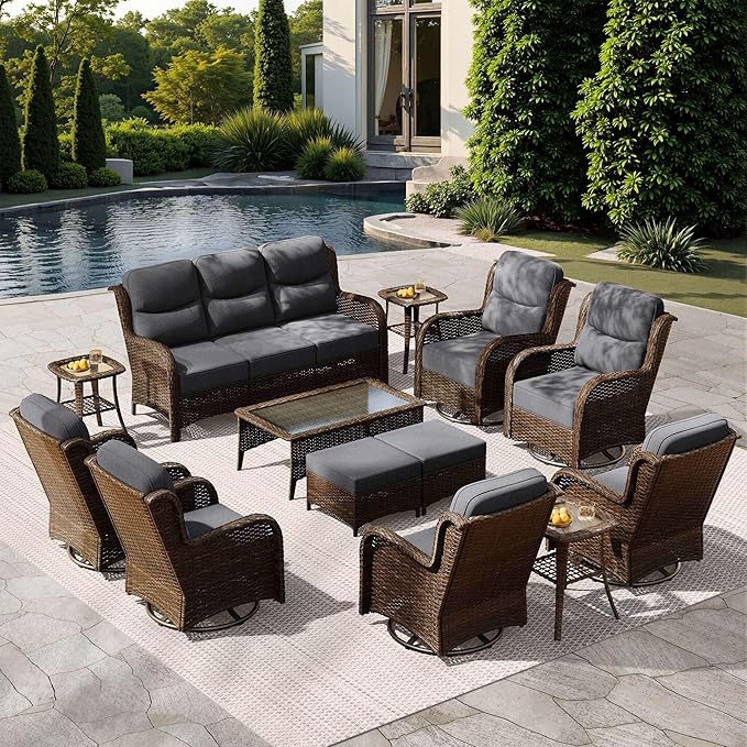 HILLGA Luxury Patio Furniture Set with 6-Inch Thick Cushions, High Back Outdoor Swivel Rocker Chairs and Patio Couch, 13-Piece All Weather Conversation Set for Porch Deck Pool Yard, Dark Grey (V3)