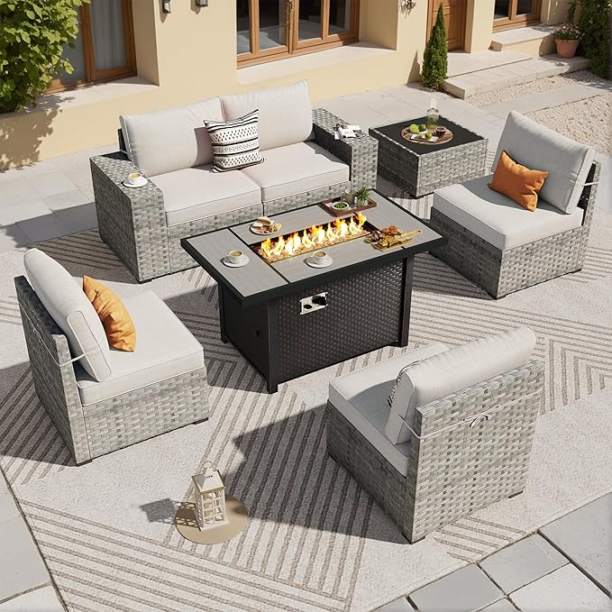 ovios 7 Pieces Patio Furniture Set, Outdoor Wicker Sectional Sofa with 42 Inch Fire Pit Table Comfy Cushions, Modern Modular Deep Seat Rattan Couch Conversation Set, Beige