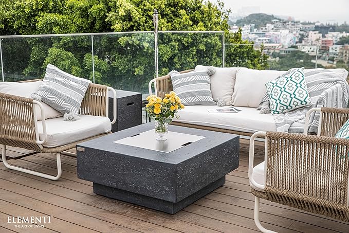 Elementi | Bundle Manhattan Gas Fire Pit Cast Concrete 36" Square Fire Table, Outdoor Fire Pit Electronic Ignition | Canvas Cover, Lava Rock Included | Dark Gray (Propane Gas)