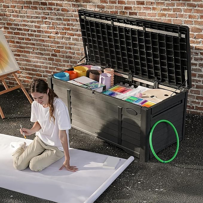 DWVO Outdoor Storage Deck Box, 120 Gallon Capacity, Waterproof Storage Bench, Lockable Lid, Resilient Resin Construction, Black
