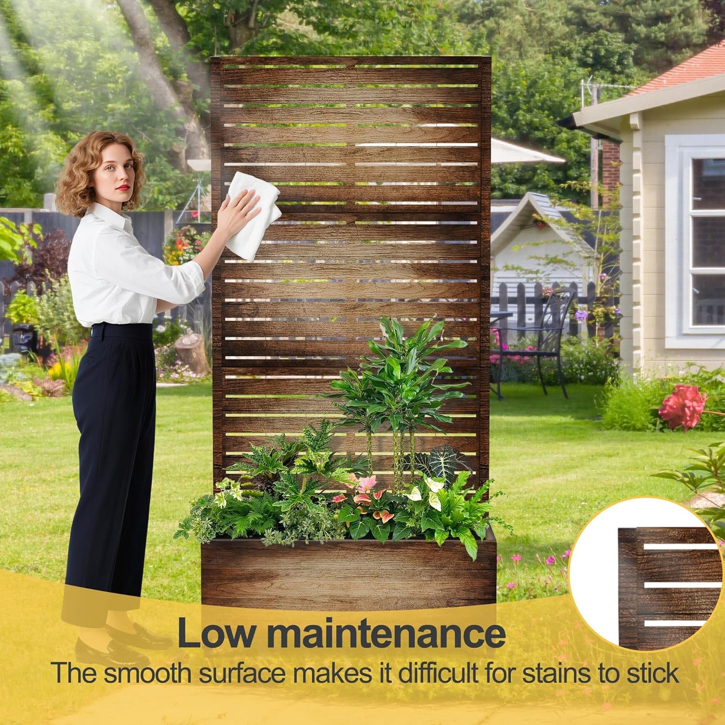 Raised Garden Bed with Trellis and Wheels,73"x35"x16" Metal Raised Garden Bed,Vintage Wood Finish Metal Planter with Climbing Trellis for Vines & Vegetables