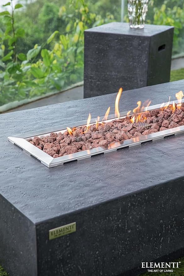 Elementi | Bundle Hampton Gas Fire Pit Cast Concrete 56" Rectangular Fire Table, Outdoor Fire Pit Electronic Ignition | Canvas Cover, Lava Rock Included | Dark Gray (Propane Gas)