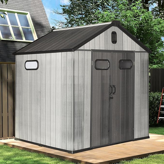 Domi 8x8FT Resin Outdoor Storage Shed with Lockable Door, Waterproof Outside Sheds with Windows & Vents, Heavy-Duty Plastic Tool Storage Shed for Patio Furniture, Lawn Mower, Bike
