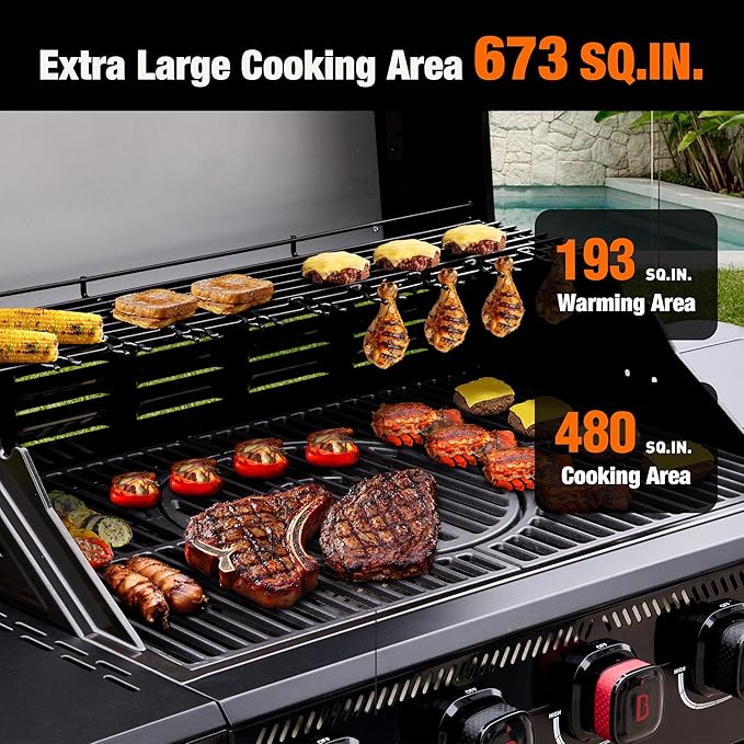 Brand-Man PRO 5-Burner Propane Gas Grill,14000 BTUs Searing Zone with Infrared-Mesh, Porcelain-Enameled Cast Iron Grates and Griddle, Side Burner & Natural Gas Convertible for Outdoor Barbecue Cooking