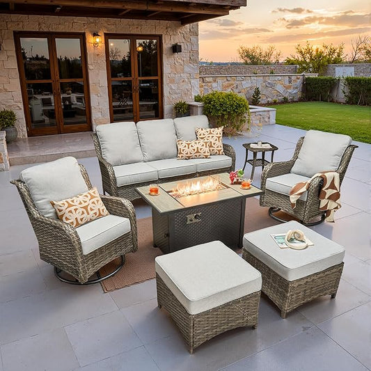 ovios 7 Pieces Patio Furniture Set, Outdoor Wicker Sofa Couch with Swivel Chairs 42" Fire Pit Table, All Weather High Back Modern Conversation Sets, Grey Rattan, Grey
