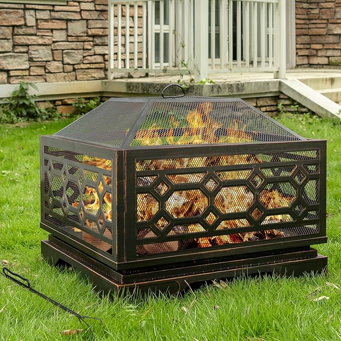 Outdoor Fire Pit, 26 Inch Wood Burning Firepit for Outside with Mesh Cover & Fire Poker, Large Square Metal Fireplace for Patio, Backyard, Garden, Bonfire Party