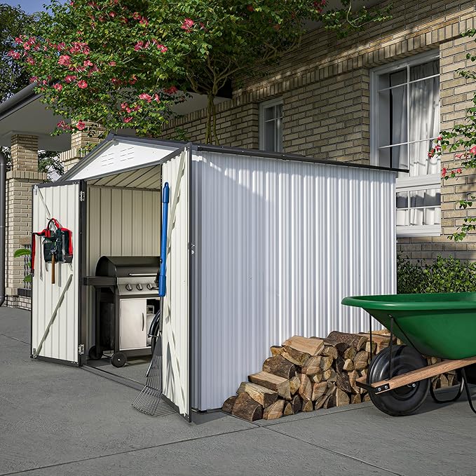 10X8 FT Outdoor Storage Shed, All Weather Metal Sheds with Lockable Doors, Tool Shed for Garden, Patio, Backyard, Lawn (White, 8x6 ft)