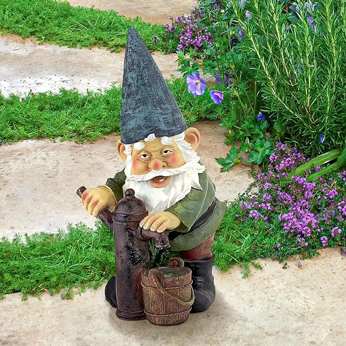 Design Toscano Garden Gnome Statue - Water Pump Pete Garden Gnome - Lawn Gnome Full Color