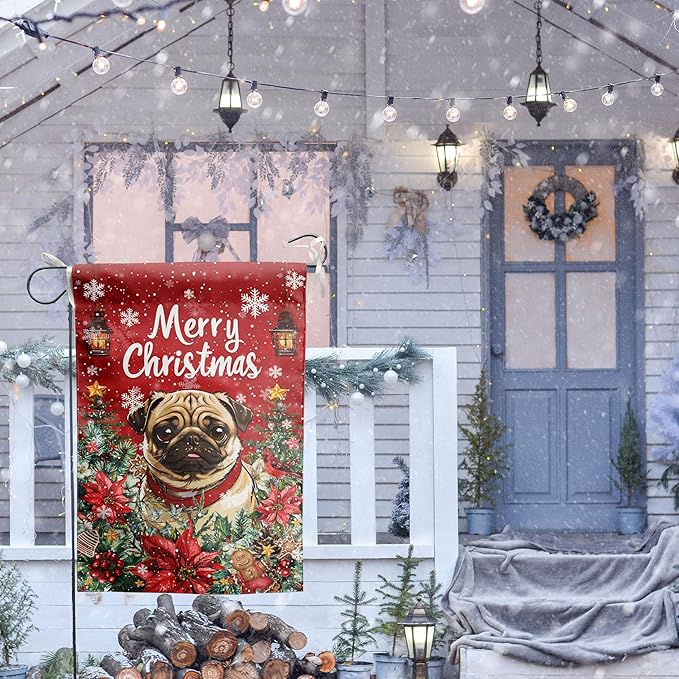 Christmas Pug Garden Flag Merry Christmas Dog Yard Flag for Outside Xmas Flags 12x18 Double Sided Red Poinsettia Garden Flags Winter Porch Decorations Outdoor