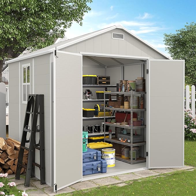 Outdoor Storage Shed, 8x6 FT Resin Shed with Floor and Vents, Window & Lockable Door, Tool Sheds & Outdoor Storage for Bike, Tools, Garden Accessories, Waterproof (Sandstone)
