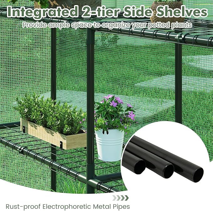 Happygrill Walk-in Greenhouse, Portable Greenhouses for Outdoors w/8 Shelves, Roll-Up Zippered Door, 2 Observation Windows & 2 Tiers, Weather-Proof PE Cover, Wind Rope Included, 57”L x 57”W x 77”H
