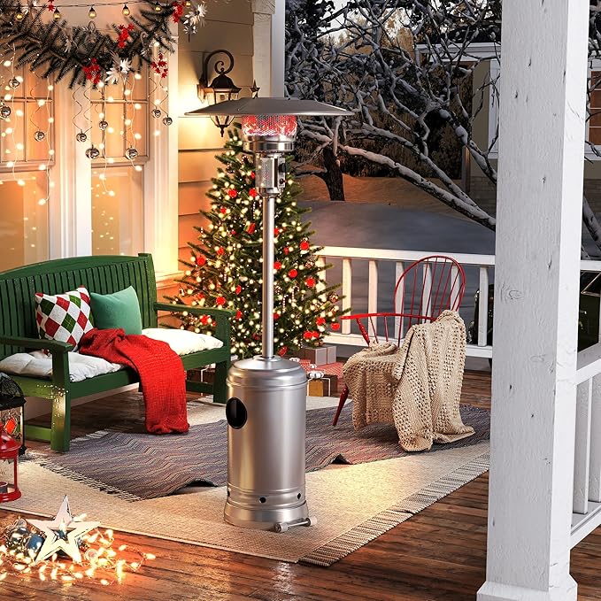 Outdoor Patio Heater, Stainless Steel Propane Heater w/Wheels, Shelf Tabletop, Auto Shut Off Protection, 36000 BTU Tall Standing Gas Heater for Outdoor Use