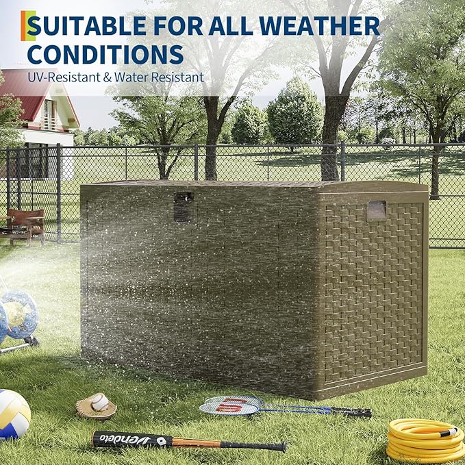73 Gallon Outdoor Storage Box, Waterproof Deck Box, Lockable Storage Bin, Suitable for Patio Furniture, Pool Accessories, Gardening Tool, Brown Wood Grain Finish
