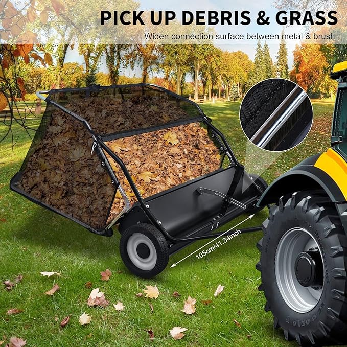 Tow Behind Lawn Sweeper, 44" Sweeping Width, 25 cu ft, Foldable Large Pull Behind Grass Sweeper, Heavy Duty Leaf & Grass Collector with Adjustable Brush Height, Dumping Rope Rubber Wheels Black