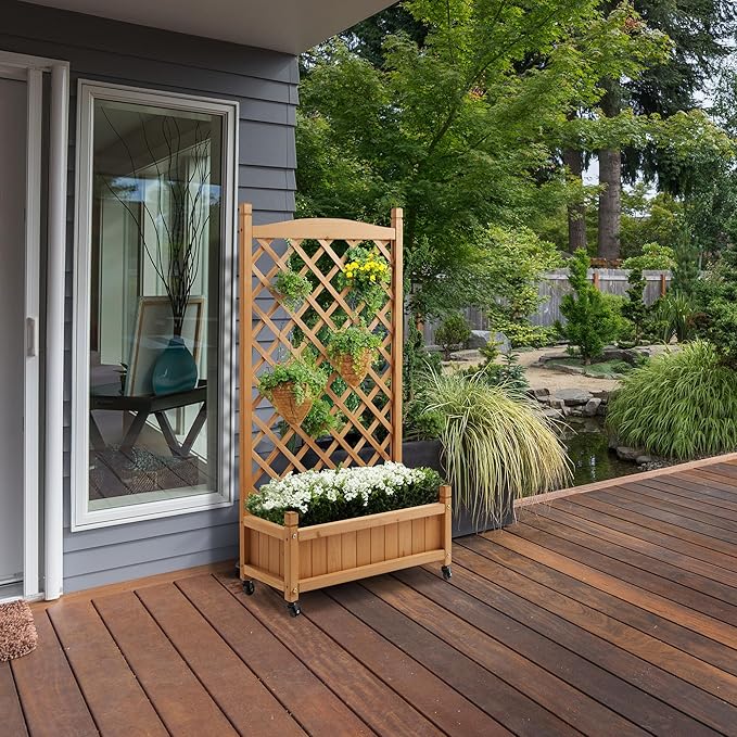 Casafield Set of Two 48" Raised Garden Bed with Trellis - Wooden Diamond Lattice for Climbing Plants and Planter Box with Drainage Holes and Wheels