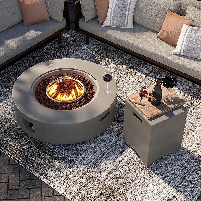 SUNBURY Outdoor 42 Inch Propane Fire Pit Table, Circular Gray Patio Fire Table 50,000 BTU w 20 lbs Tank Cover, Waterproof Cover, Free Lava Rocks