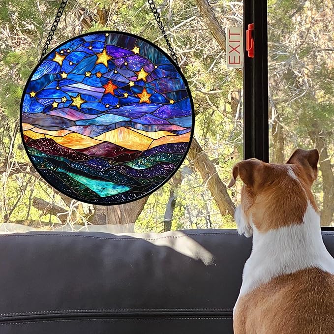 Stained Glass Window Hanging, Blue Sky Gold Stars Abstract Landscape Suncatcher for Doors Window Home Sun Catchers Decor Mother's Day Birthday Gifts for Women, Men Mom 11.8 in