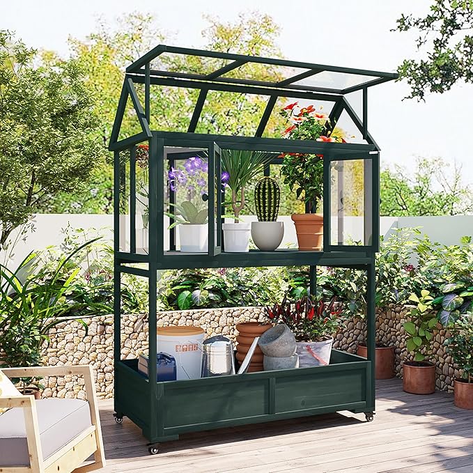 Merax 69" Wooden Greenhouse with Wheels - Portable Cold Frame for Balcony/Patio, UV-Resistant Indoor Outdoor Plant Growing Cabinet (Large, Heavy-Duty) (Forest Green)