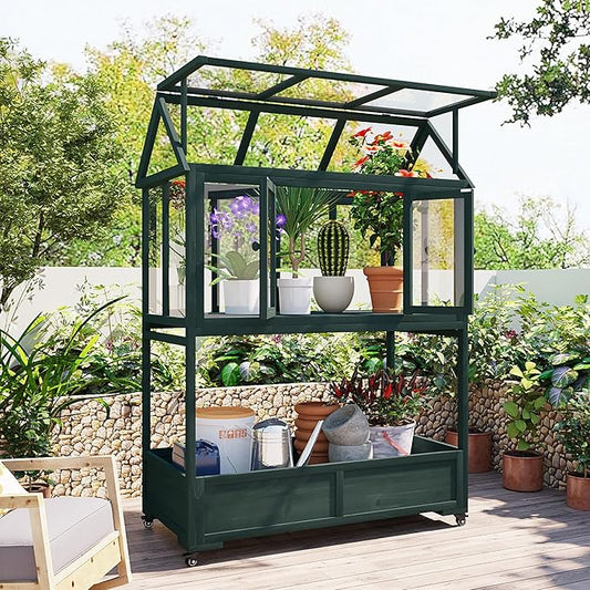 Merax 69" Wooden Greenhouse with Wheels - Portable Cold Frame for Balcony/Patio, UV-Resistant Indoor Outdoor Plant Growing Cabinet (Large, Heavy-Duty) (Forest Green)