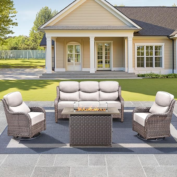 Luxury High Back Outdoor Furniture 6-Inch Thick Cushions with 50,000 BTU Gas Propane Fire Pit Tablet, Patio Furniture Set with Swivel Chairs, for Porch, Balcony, Deck and Yard