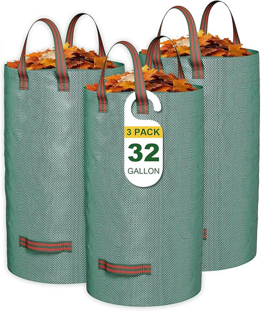 GreatBuddy 32 Gallon Reusable Yard Waste Bag, Heavy Duty, Upright Lawn Bags with 4 Reinforced Handles for Garden Leaves and Waste Collection, Lightweight and Portable (3 Pack)