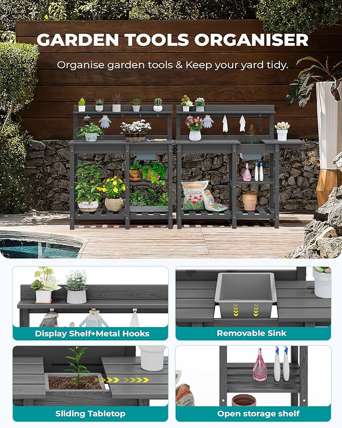 SERWALL Potting Bench Outdoor Potting Table with Sink, HDPE Potting Benches for Outside Gardening Table All Weather Use- Gray