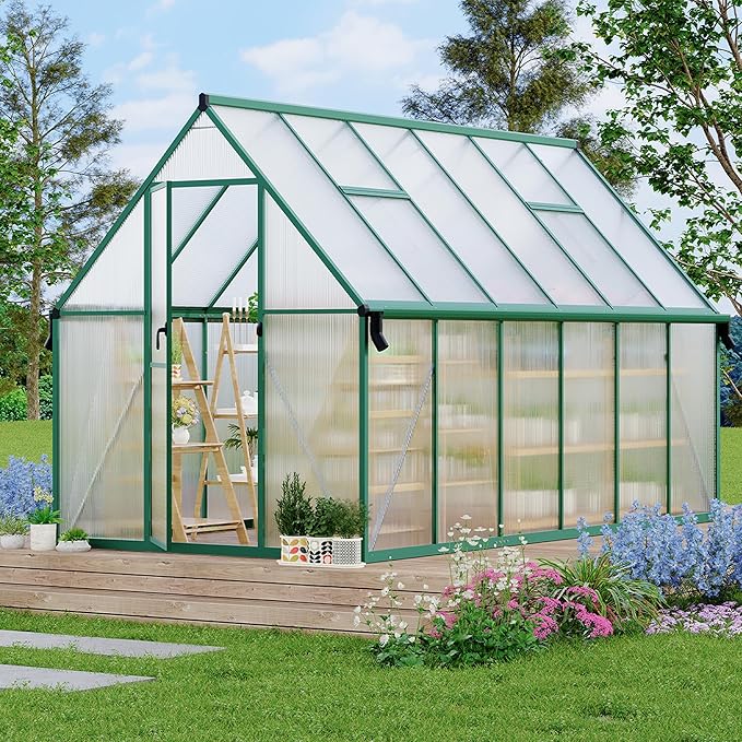8'X12' Aluminum-Framed Polycarbonate Greenhouse, Heavy Duty Polycarbonate Greenhouse with Quick Setup Structure and Roof Vent, Large Enhanced Aluminum Greenhouses Kit for Outdoors