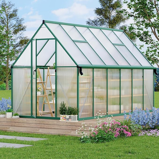 8'X12' Aluminum-Framed Polycarbonate Greenhouse, Heavy Duty Polycarbonate Greenhouse with Quick Setup Structure and Roof Vent, Large Enhanced Aluminum Greenhouses Kit for Outdoors
