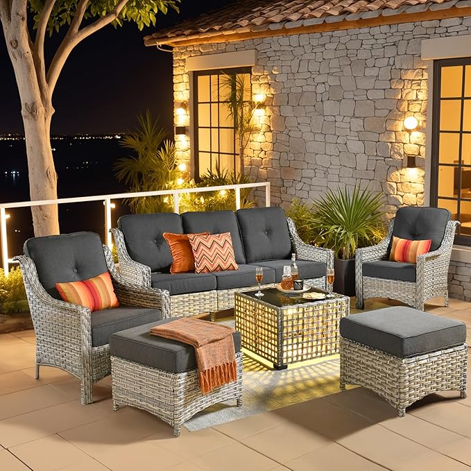 6 Pieces Patio Outdoor Furniture Set,All Weather Wicker Rattan Patio Seating Sofa and Chair Set w/Ottoman and Glowing Coffee Table,Outdoor Conversation Sets for Deck Yard Garden,Black