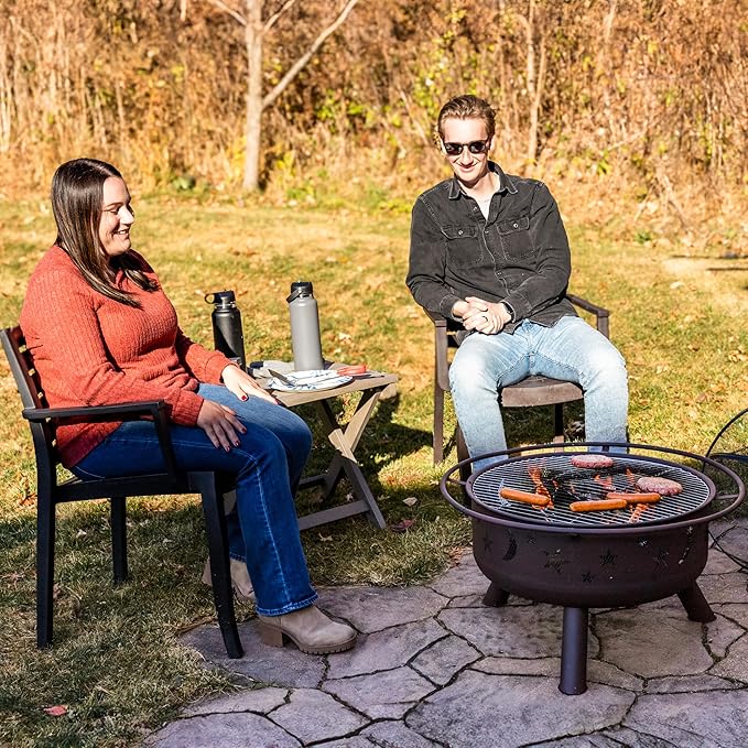 Sunnydaze Cosmic 30-Inch Patio Fire Pit for Outside - Outdoor Wood-Burning Fire Pit with Grill Grate, Spark Screen, and Fireplace Poker