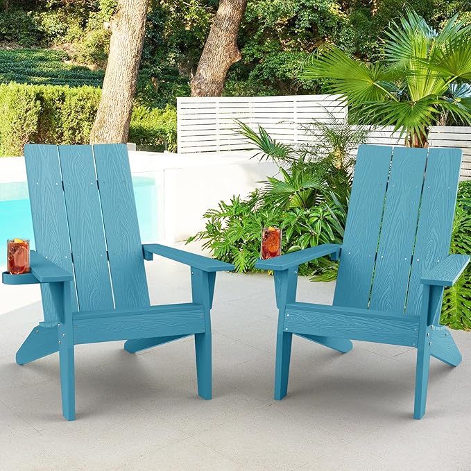 MXIMU Modern Adirondack Chairs Set of 2 Weather Resistant with Cup Holder Oversize Plastic Fire Pit Chairs Adorondic Plastic Outdoor Chairs for Firepit Area Seating (Blue)