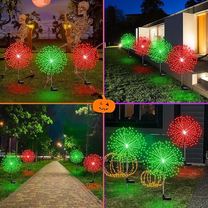 4 Pack Halloween Solar Lights Christmas Solar Firework Lights Outdoor 180 LEDs 8 Modes Waterproof Stake LED Sparkler Decoration Landscape Garden Pathway Patio Walkway Yard Lawn Decor(Red Green)
