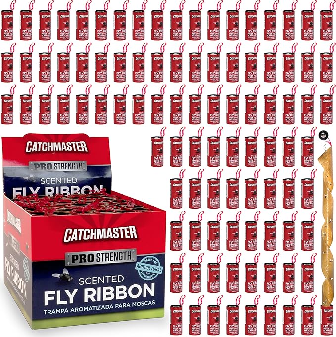 Catchmaster Fly Ribbon 96-Pack, Bug & Fruit Fly Traps Outdoor and Indoor, Premium Adhesive Sticky Fly Strips & Gnat Hanging Strips, Bulk Scented Flying Insect Paper Rolls, Non-Toxic Home Pest Control