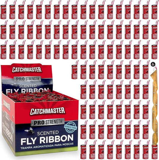 Catchmaster Fly Ribbon 96-Pack, Bug & Fruit Fly Traps Outdoor and Indoor, Premium Adhesive Sticky Fly Strips & Gnat Hanging Strips, Bulk Scented Flying Insect Paper Rolls, Non-Toxic Home Pest Control