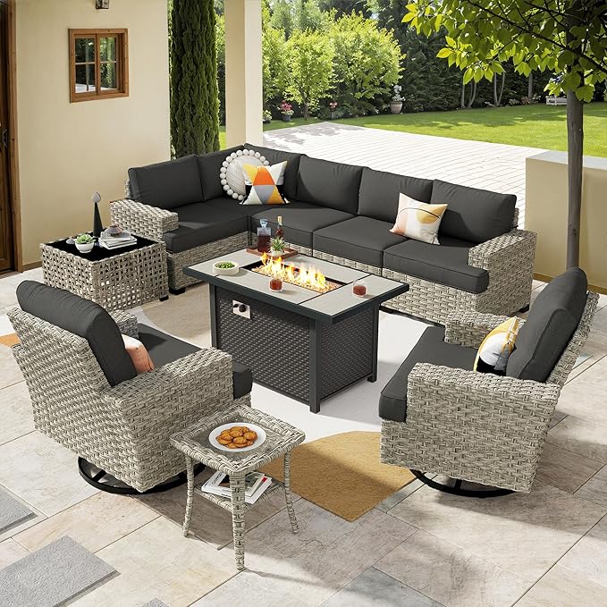 HOOOWOOO Outdoor Sectional Patio Furniture Set with Fire Pit Table,10 Pieces Wicker Conversation Sets L Shaped Couch,Extra Deep Out Door Sofa Outside Furniture with Swivel Chairs,Black