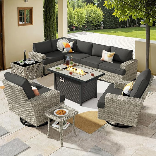 HOOOWOOO Outdoor Sectional Patio Furniture Set with Fire Pit Table,10 Pieces Wicker Conversation Sets L Shaped Couch,Extra Deep Out Door Sofa Outside Furniture with Swivel Chairs,Black