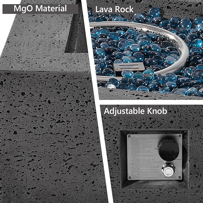 SUNBURY Outdoor Propane Burning Fire Pit, 35 inch Square Patio Fire Table 50,000 BTU Fire Pit for Outside with Waterproof Cover and Glass Stones, Light Gray