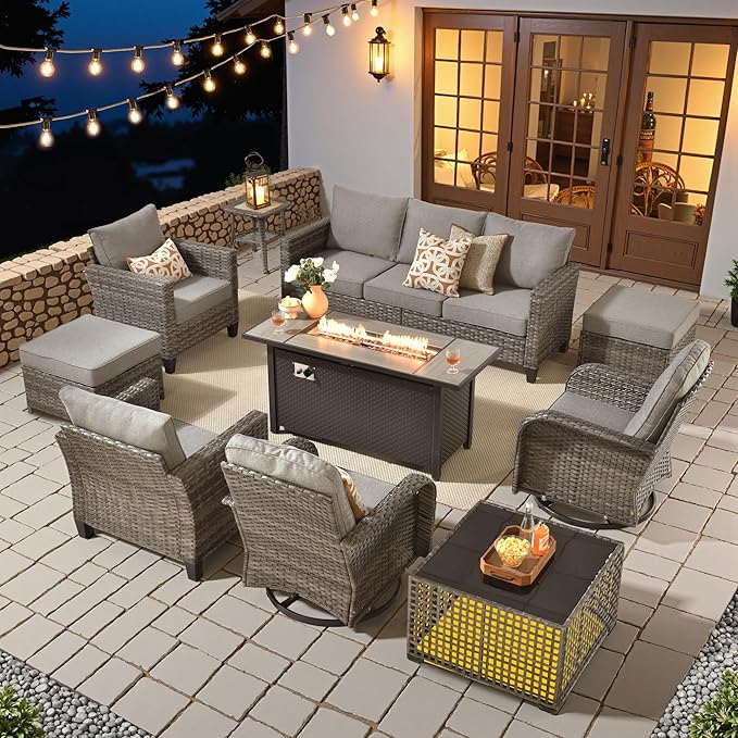 HOOOWOOO Outdoor Patio Furniture Set,10 Pieces Wicker Conversation Set,All Weather Couch Set with Fire Pit Solar Light Table Swivel Chairs Ottoman 9 Seaters for Out Door Yard(Charcoal Gray)