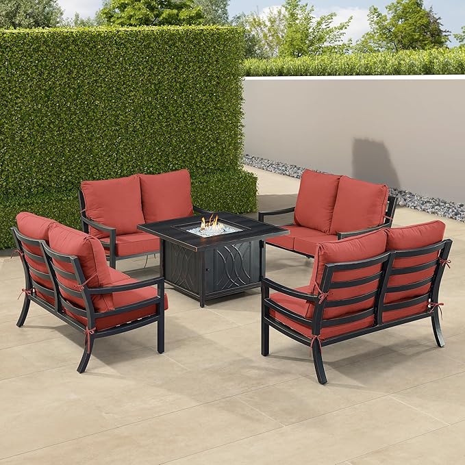 Oakland Living Black Aluminum Patio Fire Table Set with Four Deep Seating Loveseat with Cushions with Red Cushions
