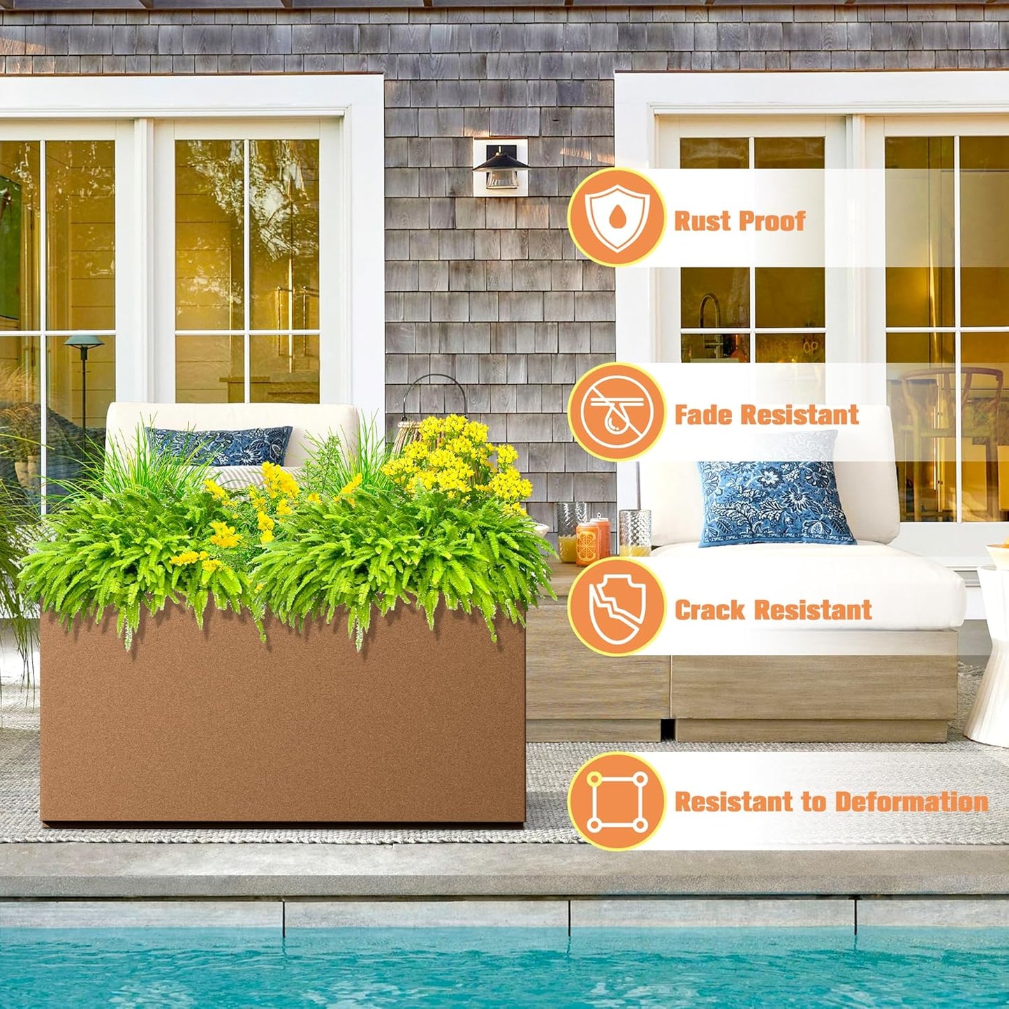 Rectangle Planter for Indoor & Outdoor, Tall and Long Planter Boxes with Drainage Holes, Mental Planter Box All-Weather Use for Plants, Flowers, 32" L x 10" W x 16.3" H, Brown