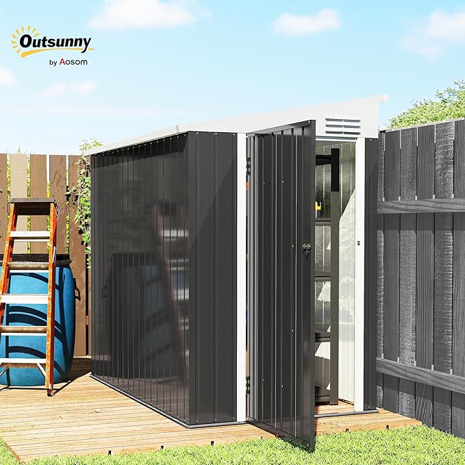 Outsunny 4' x 6' Metal Outdoor Storage Shed, Lean to Storage Shed, Garden Tool Storage House with Lockable Door and 2 Air Vents for Backyard, Patio, Lawn, Dark Gray